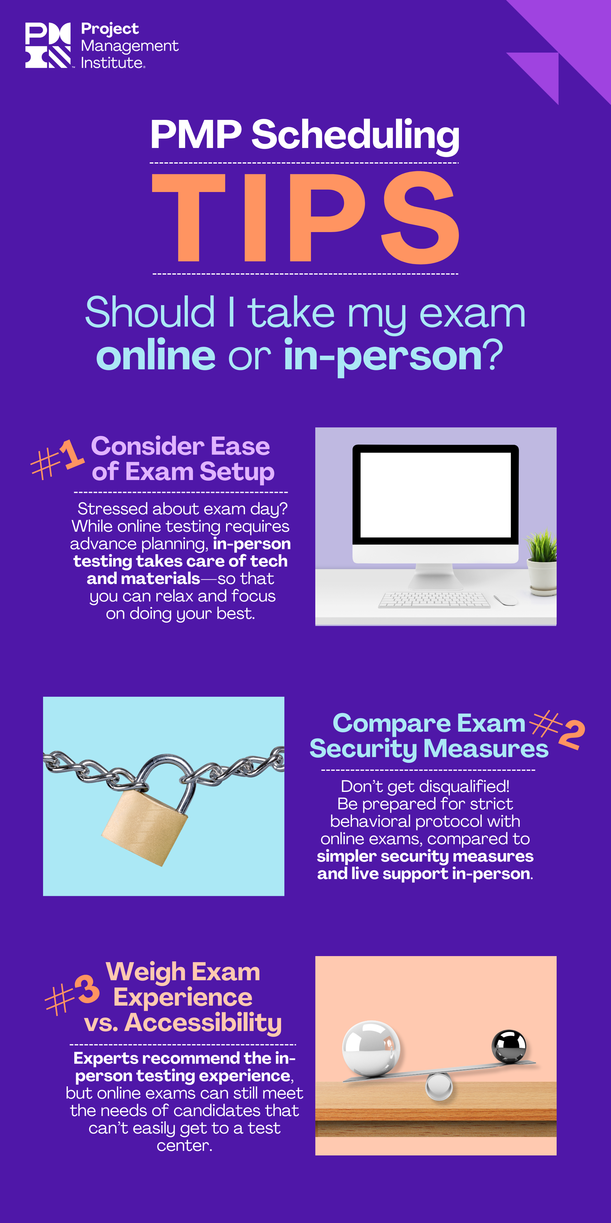 Infographic that breaks down online and in-person testing considerations when taking the PMP exam